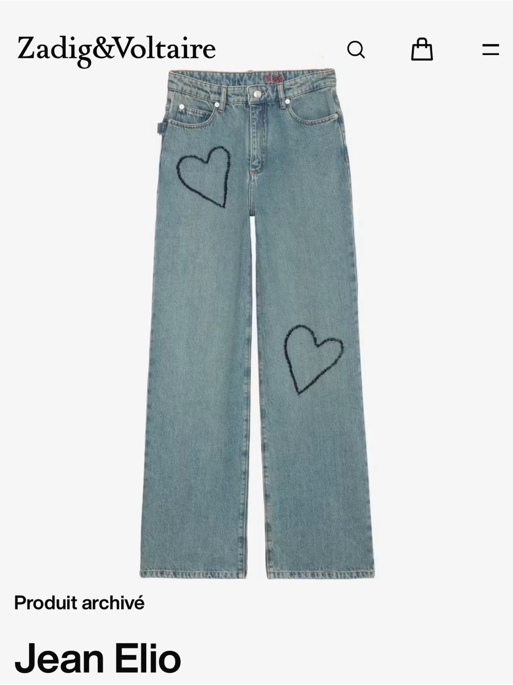 Zadig & Voltaire Light Blue Straight-Leg Jeans with Heart Motifs